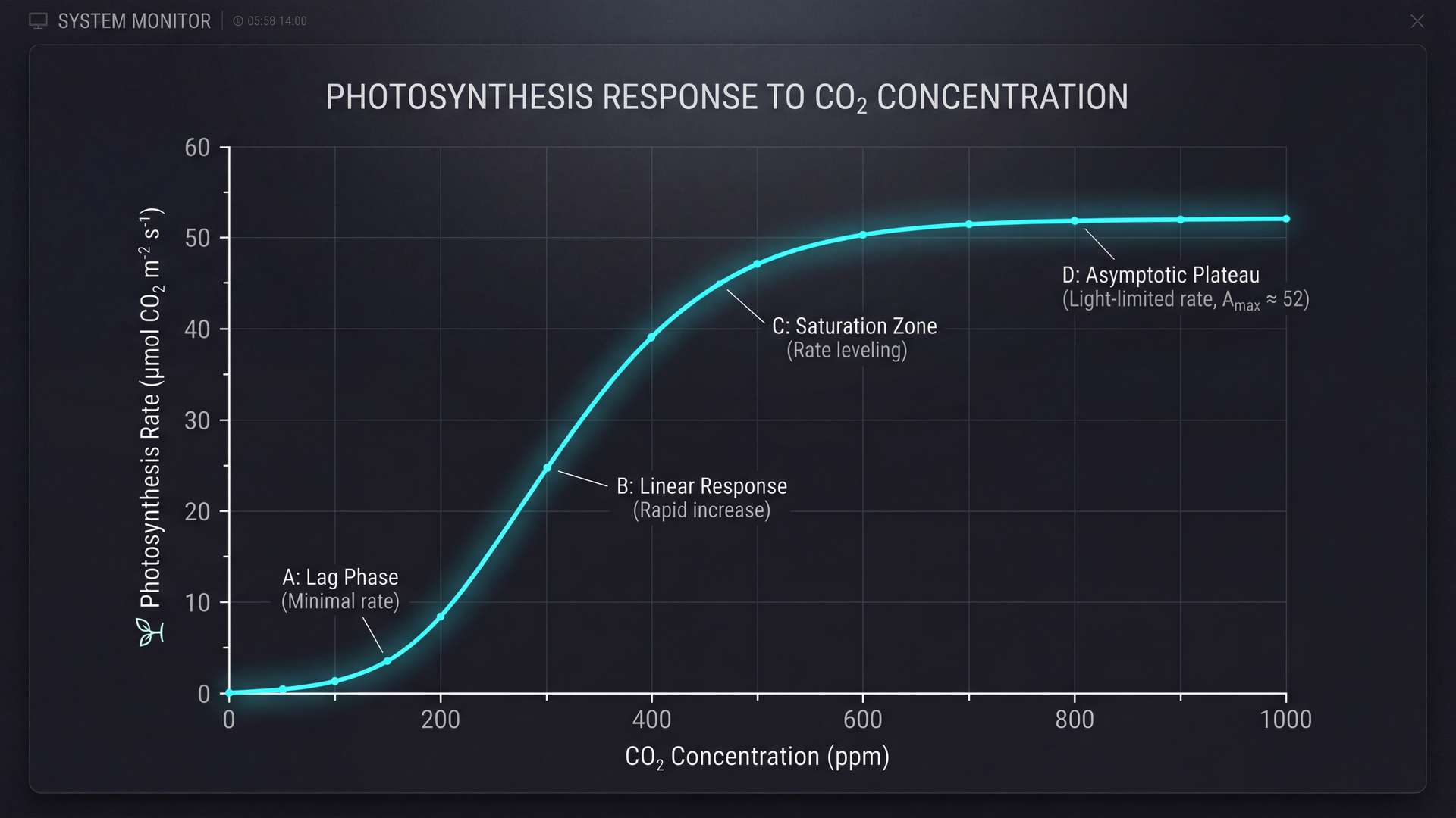 CO2 photosynthesis response curve: two curves for low-light and high-light with optimal ranges