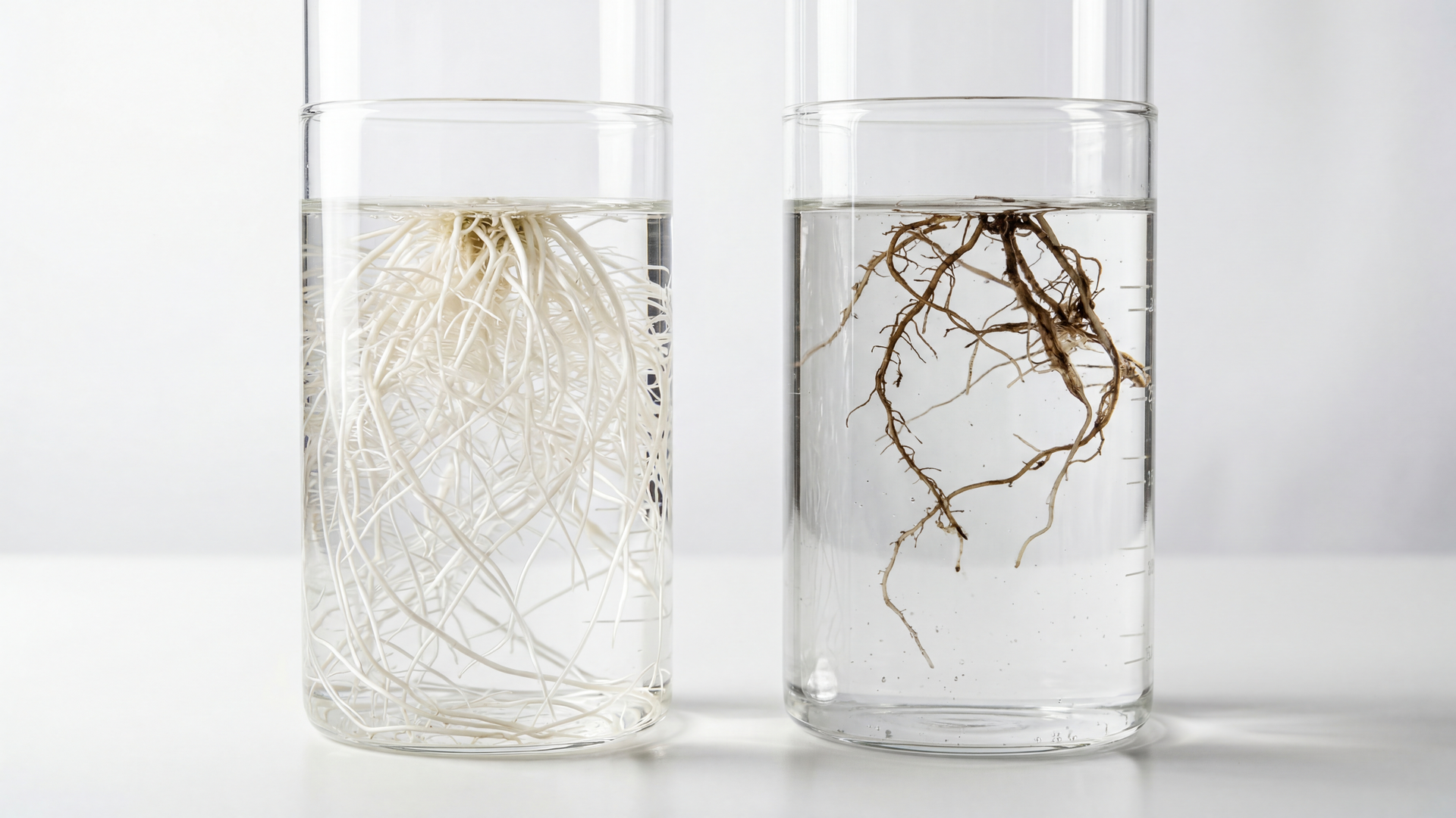 Healthy vs. diseased roots: left white-branched, right brown-slimy with pythium infestation