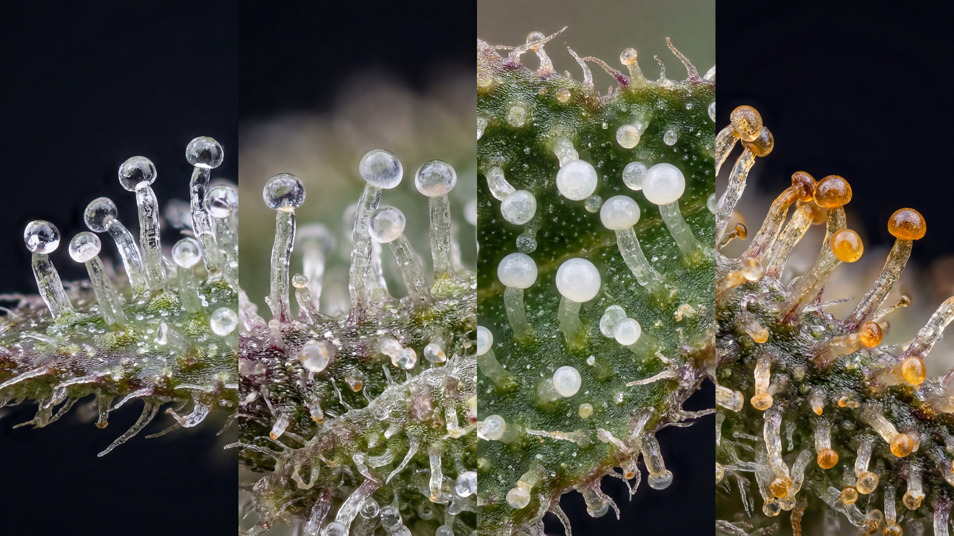 Cannabis trichome stages comparison: clear, cloudy, and amber with THC profile chart